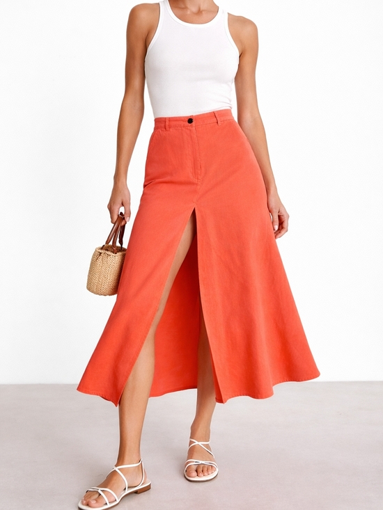 Essentiel Antwerp Dresses & Skirts - NWT Essentiel Antwerp Coral Orange Flared Midi Skirt Front Slit A-Line Size 4